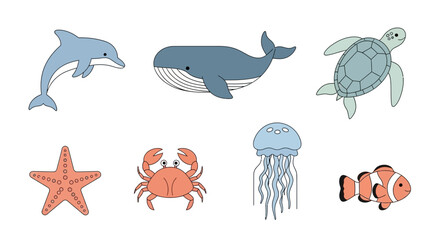 Vector ocean animals illustration featuring dolphin whale turtle starfish crab jellyfish and clownfish sea life drawing