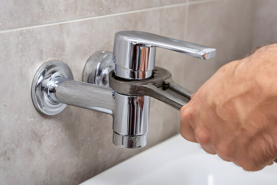 Close-up of a plumber using a wrench to tighten or repair a chrome sink drain pipe, highlighting the plumbing work and maintenance in a bathroom setting. - Powered by Adobe