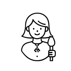 Line drawing of a smiling woman holding a paintbrush, depicted from the chest up.