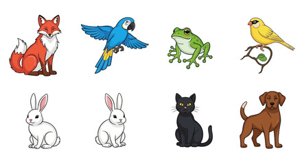 Vector collection of cute cartoon animals fox parrot frog canary rabbit cat and dog vector illustration design