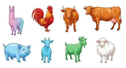 Vector cartoon farm animals vector illustration featuring cow goat pig sheep rooster and llama graphic design 100