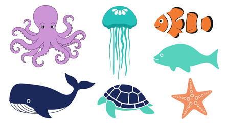 Vector ocean animals illustration featuring octopus jellyfish clownfish whale turtle and starfish vector art