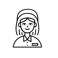 Line art illustration of a smiling woman with a headband, wearing a collared shirt and name tag.