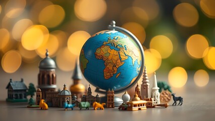 Miniature globe surrounded by tiny cultural artifacts, evoking a dreamlike sense of global connection.