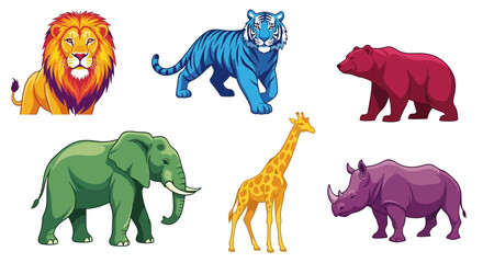 Vector illustration of colorful wild animals lion tiger bear elephant giraffe rhinoceros for kids learning