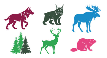 Vector wildlife vector illustration featuring wolf, lynx, moose, deer, beaver, and pine trees silhouette design