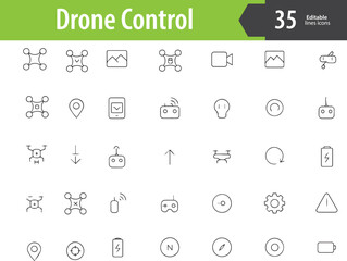 Drone Control Line Icons, Remote Control, GPS Tracking, Camera Angle, Flight Path, Signal Strength, Editable Formats: AI, EPS, PNG, JPG, Ideal for Both Digital and Print Use
