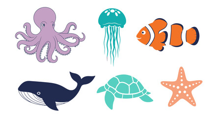 Vector ocean animals illustration featuring octopus jellyfish clownfish whale turtle and starfish vector design