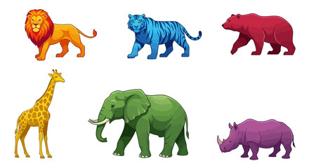 Vector cartoon illustration of wildlife animals lion tiger bear giraffe elephant rhino for kids education design
