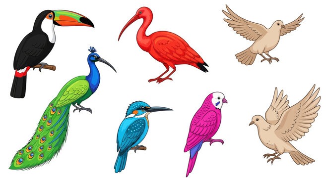 Vector exotic bird species illustration featuring toucan peacock ibis kingfisher parrot and dove artwork vector