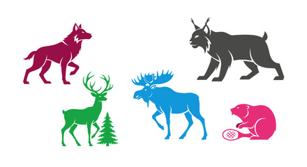 Vector vector illustration of wildlife animals including wolf, lynx, deer, moose, and beaver for graphic design use