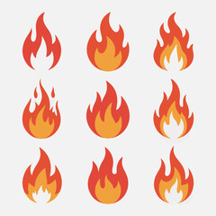 Collection of Nine Fire Flame Icons  Vector Illustrations for Design Projects