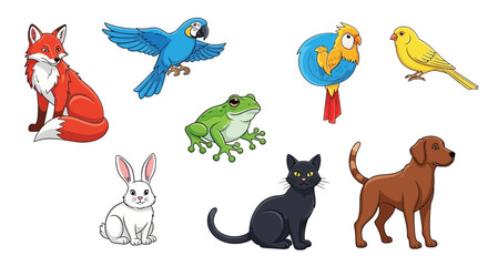 Fototapeta premium Vector cartoon animal illustration featuring fox parrot frog rabbit cat dog canary macaw and other animals