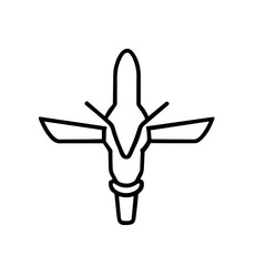 Minimalist line drawing of a rocket or spacecraft viewed from above, showing wings, body, and a nozzle or base.