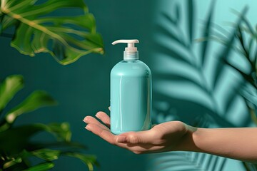 Sharp Image of Woman Holding a Liquid Soap Bottle with Copy Space