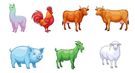 Obraz premium Vector farm animals illustration vector art featuring cow pig sheep goat rooster and llama livestock drawing set