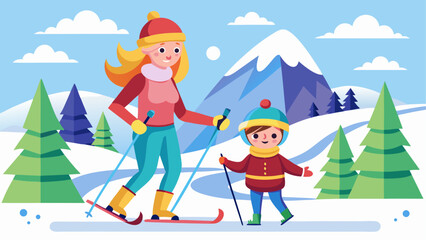 Mother and child skiing in snowy mountain landscape with pine trees in cartoon flat winter style