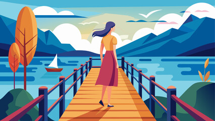 Woman standing on wooden pier looking at mountains and sailboat on lake in cartoon flat style