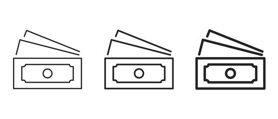 Currency 3 paper money outlined black illustration isolated for User Interface. Vector icon in flat style