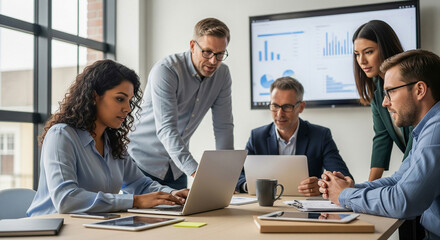 Diverse corporate team collaborating with laptop in modern office