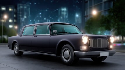 Fototapeta premium Dark, vintage car on city street at night