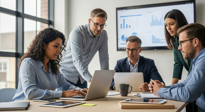 Diverse corporate team collaborating with laptop in modern office