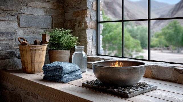 Rustic spa alcove with fire bowl, towels, and plants by a window