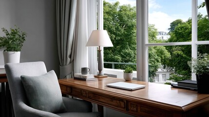 Fototapeta premium Elegant, light-filled study nook with a view
