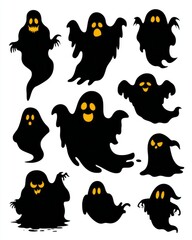 Stickers of various black cute ghosts on a white background.