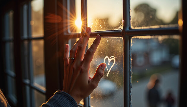 Hand touching window while drawing heart shape in sunlight  