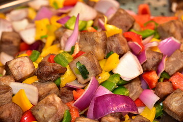 Teppanyaki Beef Cubes with Bell Peppers and Onions.