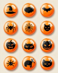 Vector set of orange round icons with black Halloween symbols 