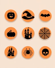 Vector set of orange round icons with black Halloween symbols 