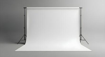 White seamless paper backdrop on stand setup in a photography studio with gray wall and floor. Empty background for content creation.