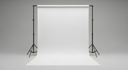 White seamless paper backdrop on stand setup in a photography studio with gray wall and floor. Empty background for content creation.