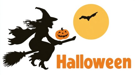 Obraz premium Witch flying on a broom with a pumpkin in her hand, against a yellow moon background. 