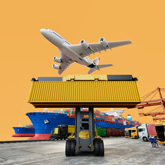 Logistics concept with cargo ship airplane and container lift