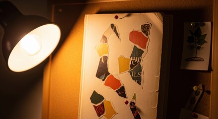 Colorful collage artboard under warm lamp light with leaf sketches