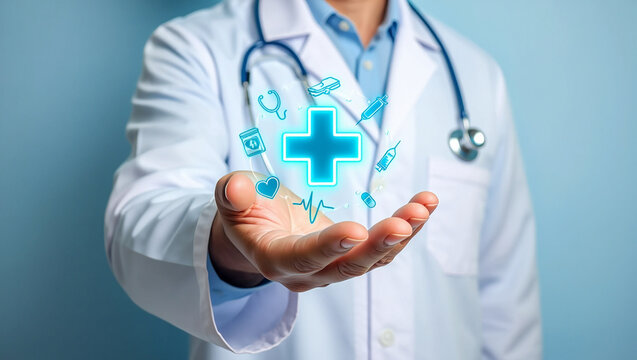 A doctor holds a digital display of medical icons in his hand