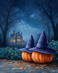 Spooky halloween background with pumpkins wearing witch hats and haunted mansion, gothic visual for seasonal festivity, trick or treat atmosphere, perfect for fall celebration or advertisement.