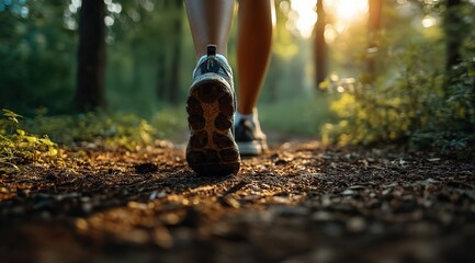 Close up of running shoes on a forest path, sunlight filtering through trees, creating a warm, inviting atmosphere for outdoor exercise