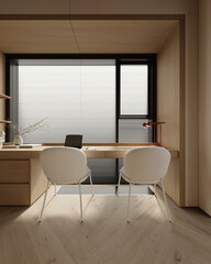 Teenage children room minimalist style.Twin Low Bu bed with sconce. Working area represented by a table of wood with a metal stand. White walls, light wood flooring. 3D render