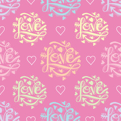 Seamless pattern with hearts and the words love on pink background. Vector illustration