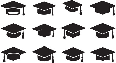 Isolated vector icons of academic graduation caps, diplomas, and hats representing success in university education for students achieving their college degrees