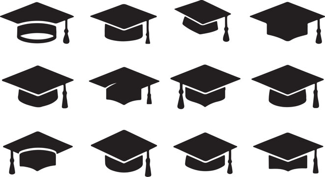 Isolated vector icons of academic graduation caps, diplomas, and hats representing success in university education for students achieving their college degrees - Powered by Adobe
