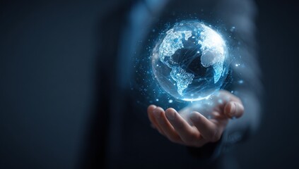 A person's hand holds a holographic, digital globe