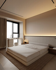 Corner view of classical bedroom interior with bed and work white table with laptop, carpet on hardwood floor. Cozy rest and work zone. Panoramic window on Bangkok skyscrapers. 3D rendering