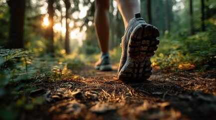 Close up view of trail running shoes resting on a forest path during sunset, with warm sun rays illuminating the background