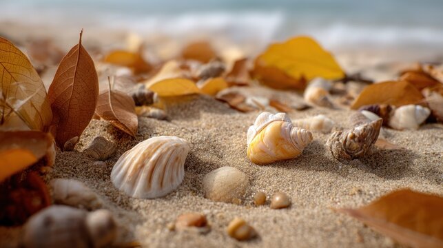 Seashells and dried leaves on sandy beach ocean view - Powered by Adobe
