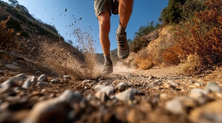 Low angle view capturing an athlete's legs racing along a rocky trail, sending up a cloud of dust in a display of speed and power